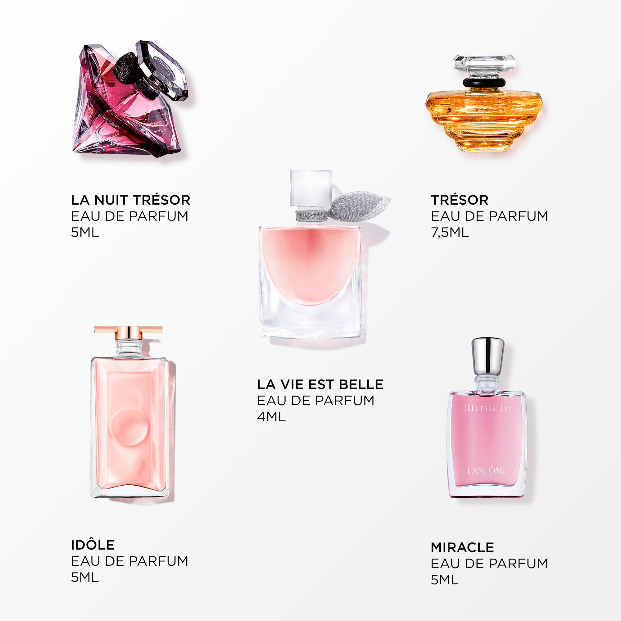 Image of the following products on a white background: LA VIE EST BELLE EDP 4ML - IDOLE EDP 5ML - TRESOR EDP 7.5ML - LA NUIT TRESOR EDP 5ML - MIRACLE EDP 5ML