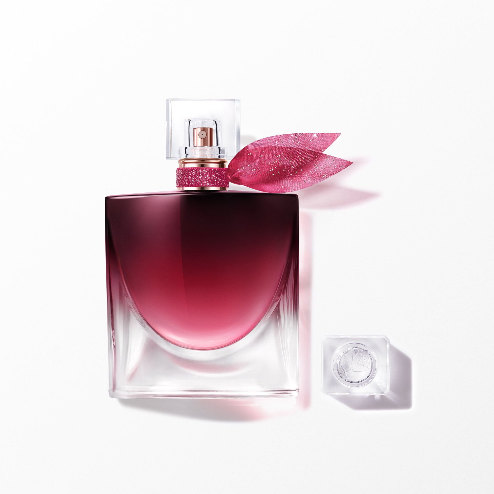 Packshot of Lancome La Vie Est Belle Very Cherry with a deep burgundy gradient and a matching sheer ribbon.	