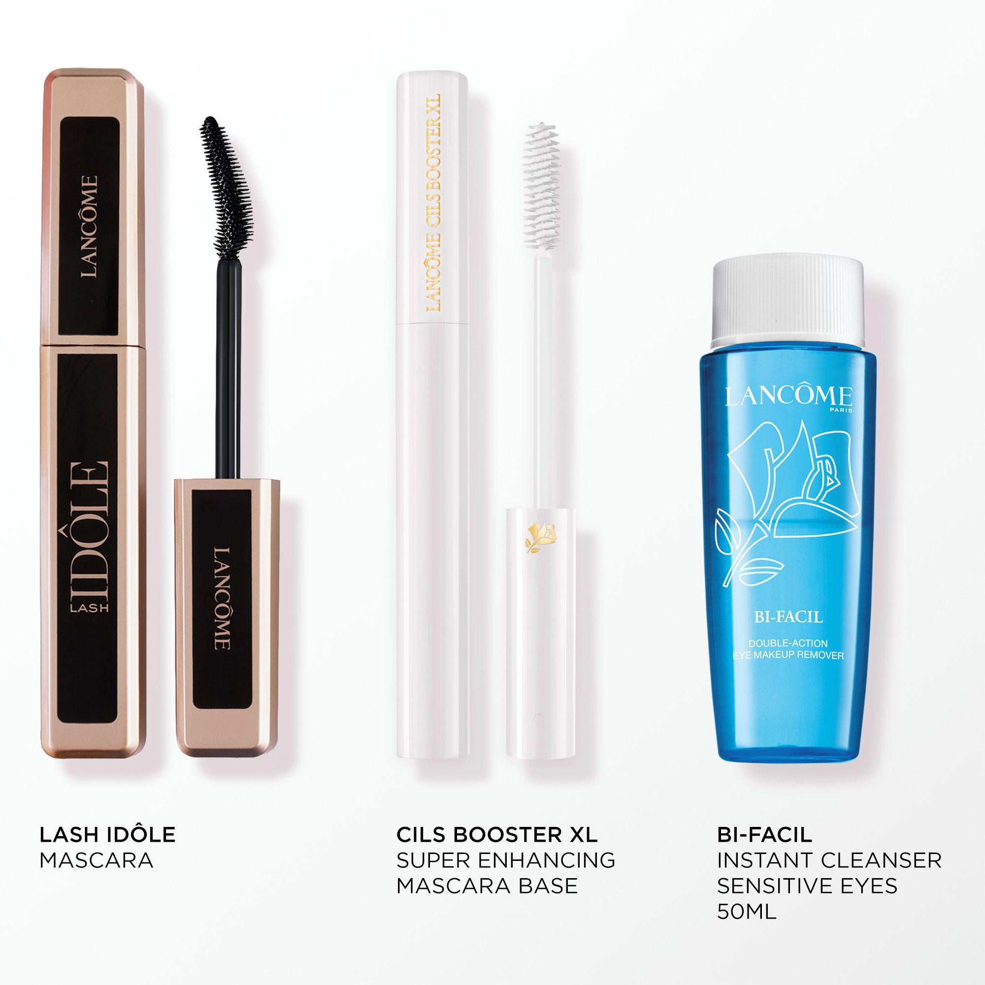 Image of the following products on a white background: FULL SIZE LASH IDOLE MASCARA - FULL SIZE CILS BOOSTER XL - BI FACIL EYE 50ML