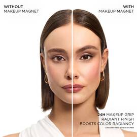 Model split-face showing before and after setting mist application.